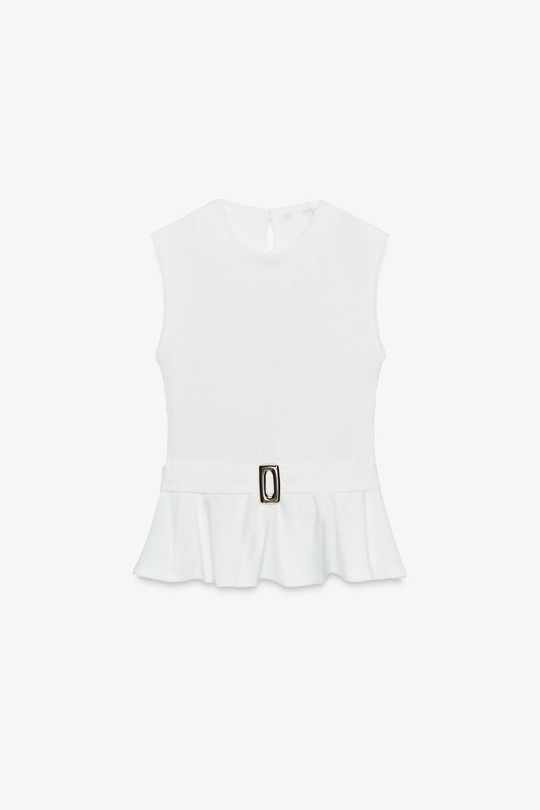 ZARA ТОП ИЗ ТКАНИ БУКЛЕ С БАСКОЙ И ПРЯЖКОЙ, ЖЕЛТОВАТО-БЕЛЫЙ