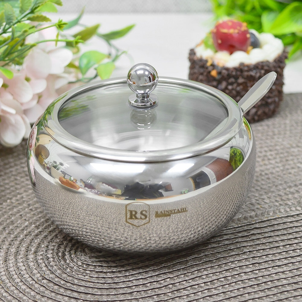 Сахарница 460мл с ложкой нерж и стеклянной крышкой