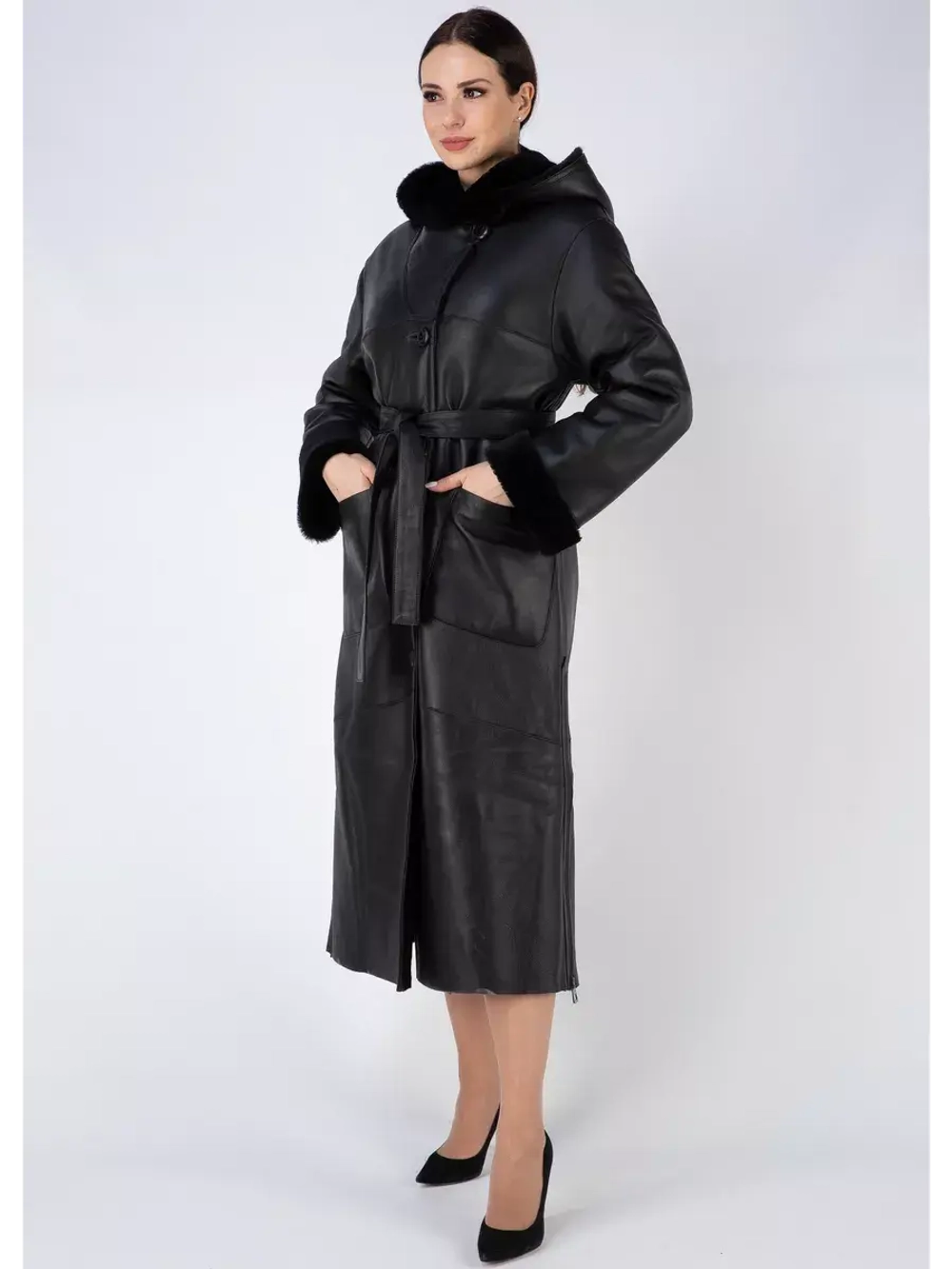 Дубленка зима натуральная с капюшоном длинная