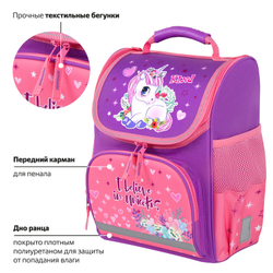 Ранец ПИФАГОР BASIC, 1 отделение, 3 кармана, эргономичная спинка, "Happy unicorn", 35х28х18 см, 271372