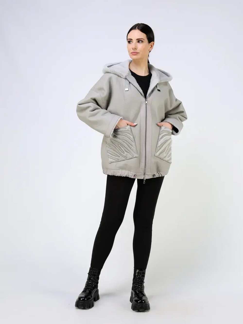 Дубленка зимняя двухсторонняя шуба с капюшоном