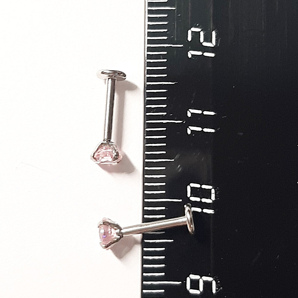 Пирсинг. Лабрета интернал для пирсинга губы 8мм с розовым цирконом 4мм. Медицинская сталь.