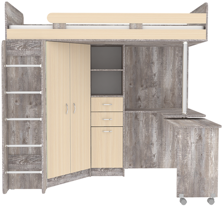 Кровать-чердак КарИВи Юниор 3 с металлической лестницей Бетон  Дуб Молочный