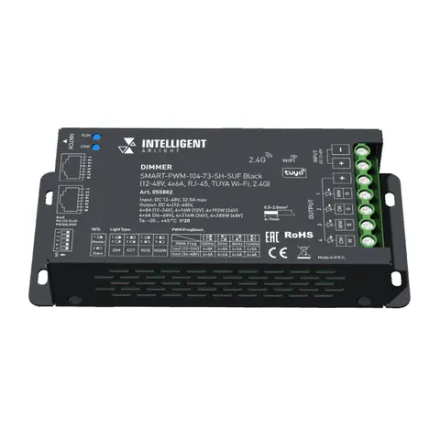 INTELLIGENT ARLIGHT Диммер SMART-PWM-104-73-SH-SUF Black (12-48V, 4x6A, RJ-45, TUYA Wi-Fi, 2.4G) (IARL, IP20 Металл, 5 лет) 055882