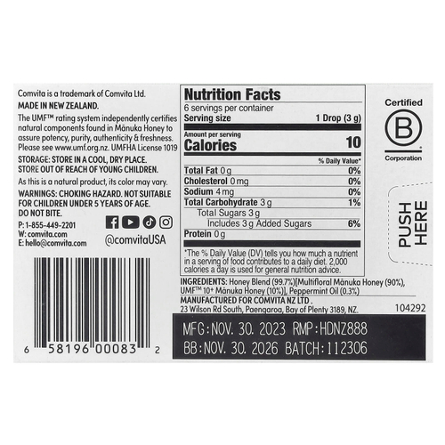 Comvita, Manuka Honey Drops, перечная мята, 6 капель, 18 г (0,63 унции)