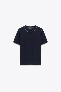 ZARA ТРИКОТАЖНЫЙ ТОП С КОРОТКИМИ РУКАВАМИ И ОТДЕЛКОЙ, МОРСКОЙ СИНИЙ