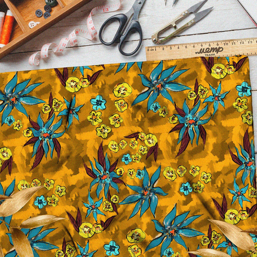Ткань бифлекс синие и горчичные цветы на жёлтом