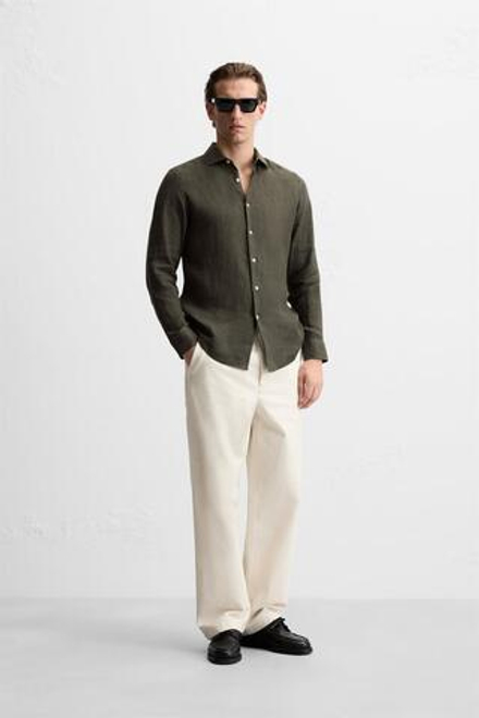 ZARA РУБАШКА ИЗ 100% ЛЬНА, ЗЕЛЕНЫЙ