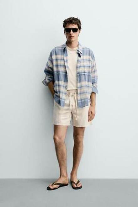 ZARA ШОРТЫ RELAXED FIT ИЗ ХЛОПКА И ЛЬНА, СВЕТЛО-БЕЖЕВЫЙ