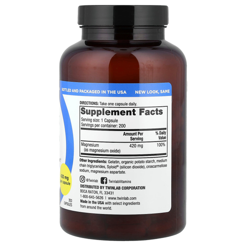 Twinlab, Магний в капсулах, 420 мг, 200 капсул