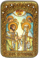 Инкрустированная Икона Петр и Февронья 15х10см на натуральном дереве, в подарочной коробке