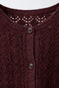 ZARA ВЯЗАНЫЙ АЖУРНЫЙ КАРДИГАН С КАШЕМИРОМ, БАКЛАЖАННЫЙ