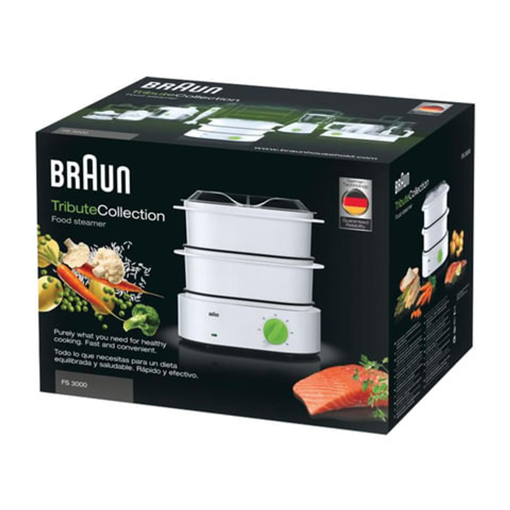 Пароварка BRAUN FS3000, 850 Вт, 2 чаши по 3,1 л, контейнер для риса, механическое управление, таймер, белая