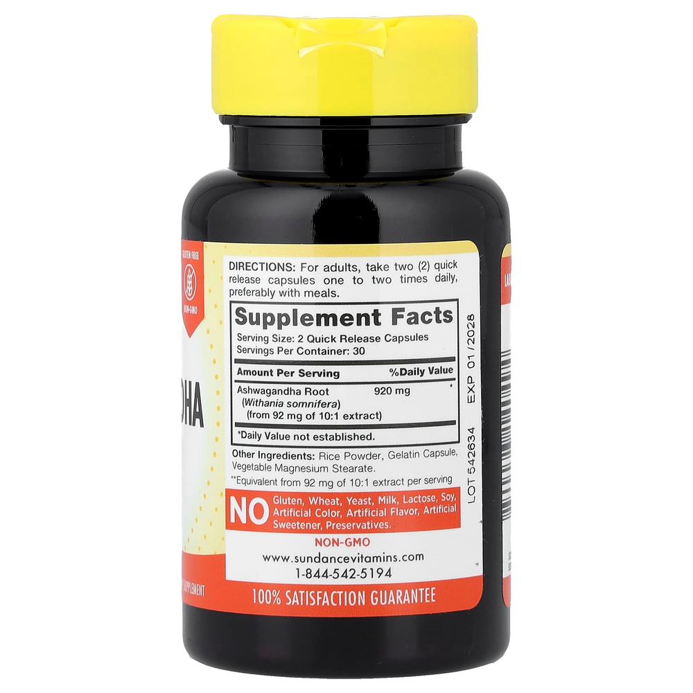 Sundance Vitamins, суперконцентрированная ашваганда, 60 капсул с быстрым высвобождением (460 мг в 1 капсуле)