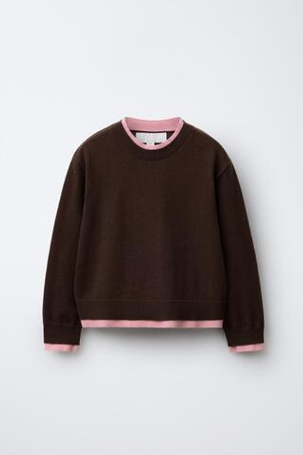 ZARA ТРИКОТАЖНЫЙ ДЖЕМПЕР С ДВУХСЛОЙНОЙ ОТДЕЛКОЙ, КОРИЧНЕВЫЙ