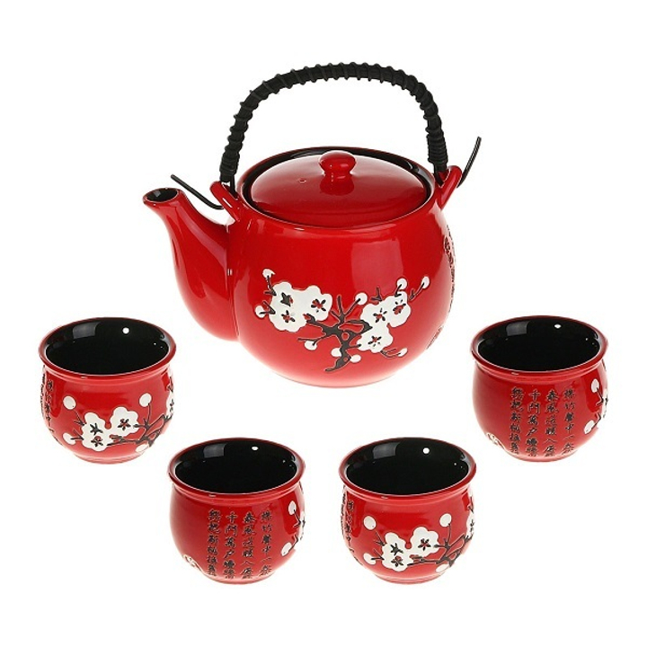 Набор для чайной церемонии 5 предметов "Белая сакура на красном" (чайник 600 мл, 4 чашки 70 мл)