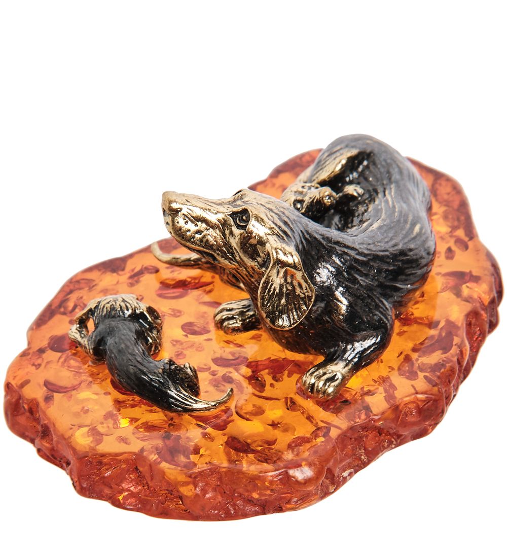 Народные промыслы AM-2060 Фигурка «Собака-Кнопка с щенятами» (латунь, янтарь)