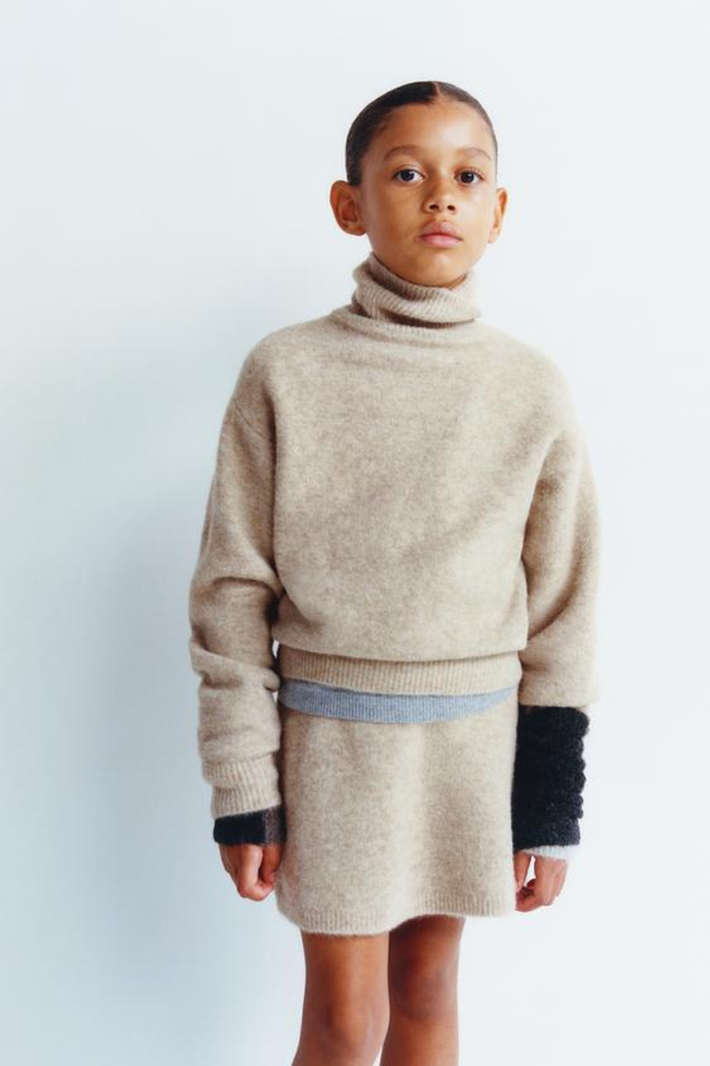 ZARA ВЯЗАНЫЙ СВИТЕР С ВЫСОКИМ ВОРОТОМ, СЕРО-КОРИЧНЕВЫЙ