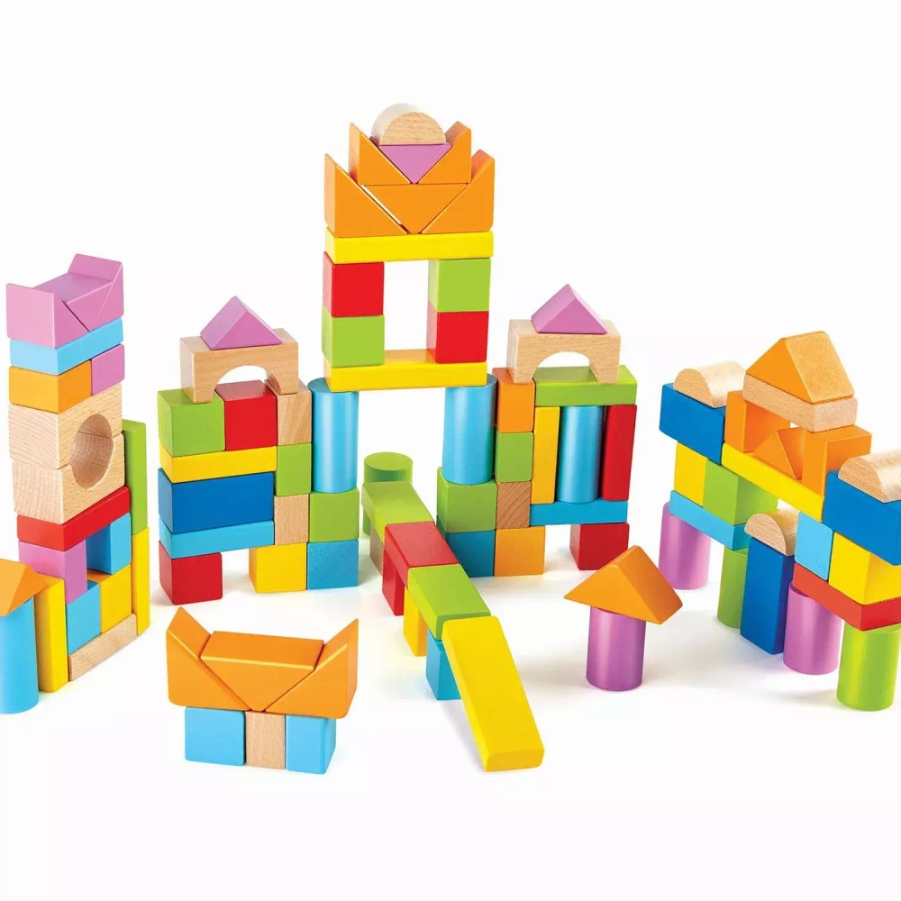 Конструктор деревянные кубики в контейнере-сортере, 3 в 1 "Замечательные блоки" с контейнером-сортером для хранения, 101 элемент