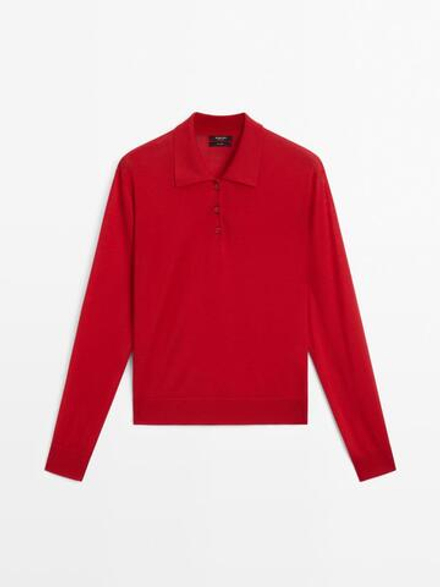 Massimo Dutti Свитер из 100% шерсти с воротником поло и пуговицами, красный