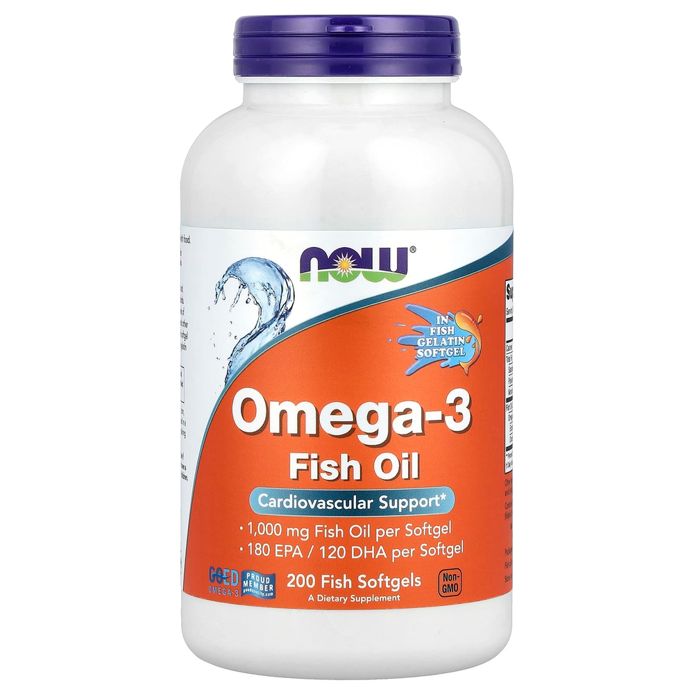 NOW Foods, рыбий жир с омега-3, 1000 мг, 200 капсул из рыбьего желатина