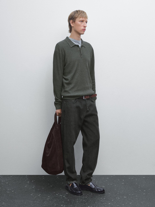 Massimo Dutti Трикотажный свитер с воротником-поло, темно-серый
