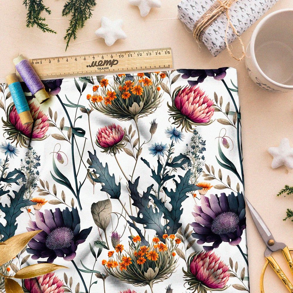 Ткань мембрана яркие акварельные полевые цветочки