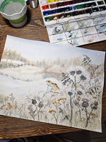 Картина авторская акварельная в паспарту 40х50 см на стену для интерьера "А за околицей..."