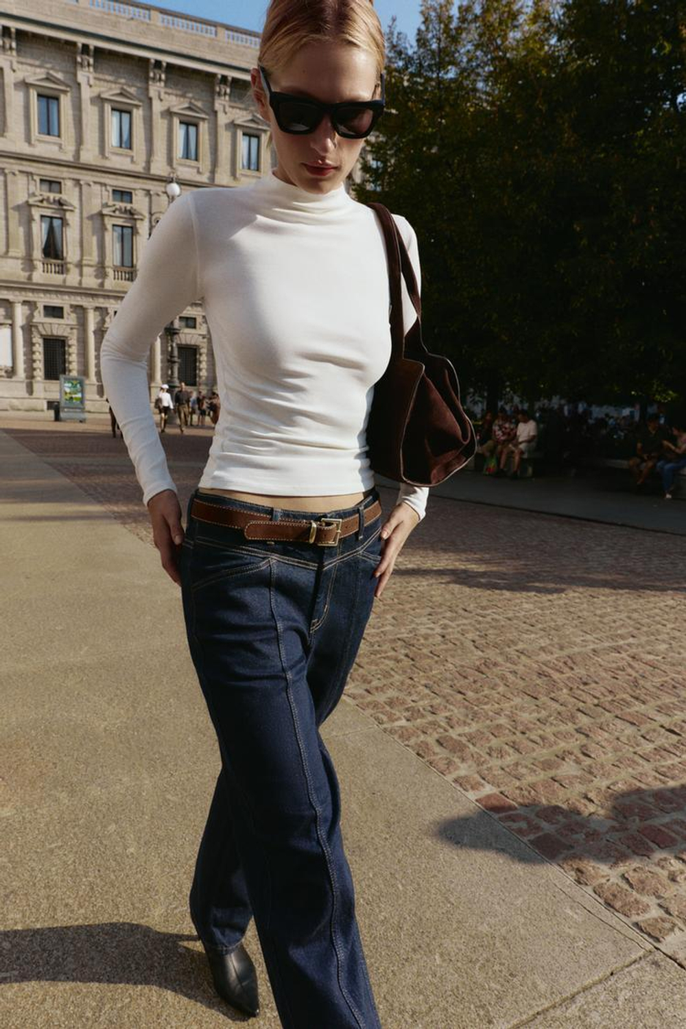 ZARA ФУТБОЛКА С ВЫСОКИМ ВОРОТНИКОМ, ЖЕЛТОВАТО-БЕЛЫЙ