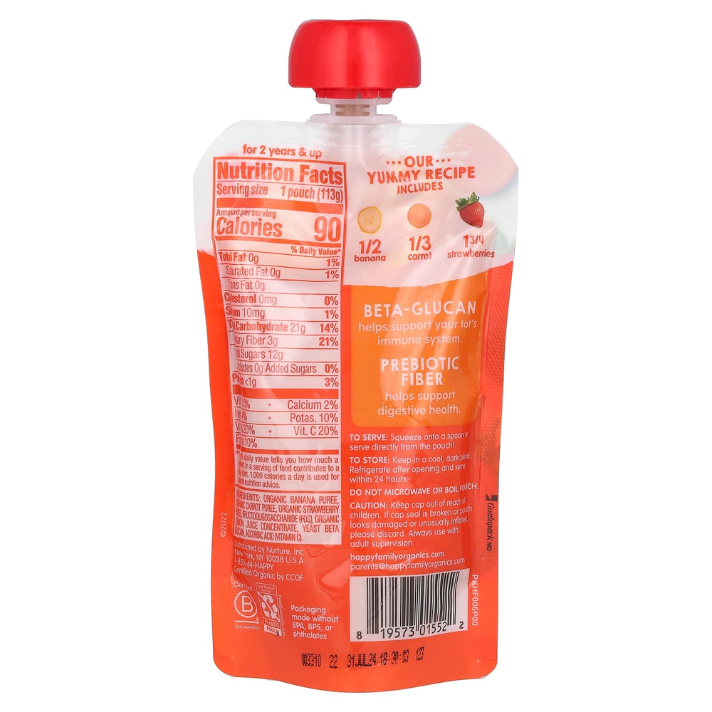 Happy Family Organics, Happy Tot, Super Bellies, для детей от 2 лет, органические бананы, морковь и клубника, 113 г (4 унции)