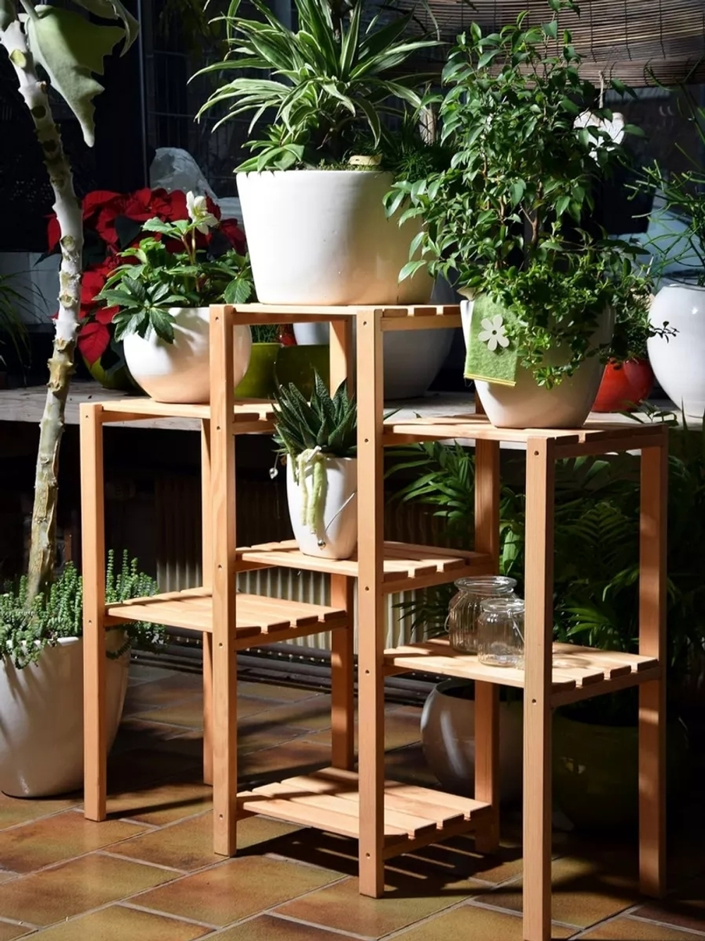 Цветочный стеллаж, полка для цветов, подставка для цветов напольная из сосны для дома и сада, в натуральной отделке