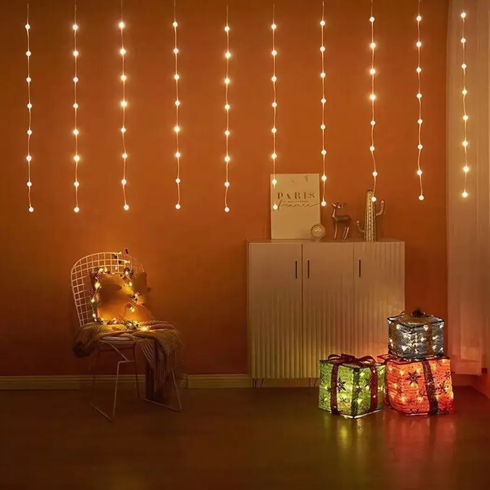 Гирлянда для дома ЗАНАВЕС «Жемчужина» ш3* в1 м 100 ламп LED, прозр. пров, 8 реж,IP-40, Теплый белый (возможность соединения)