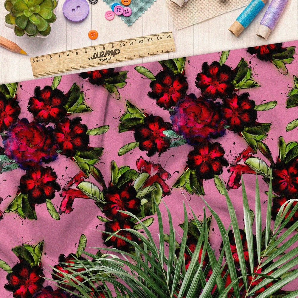 Ткань оксфорд 210 чёрно-красные живописные цветы