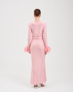 Платье PERSIMMON (Персимон) с перьями на рук., розовое пайеточное