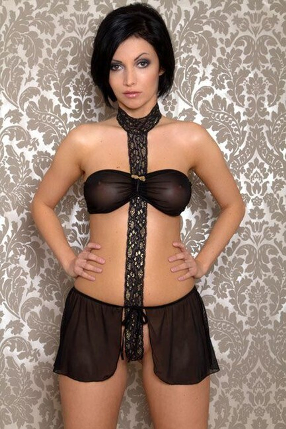 Топ и юбочка черный с кружевной полоской ML (44-46) (Цвет: черный)