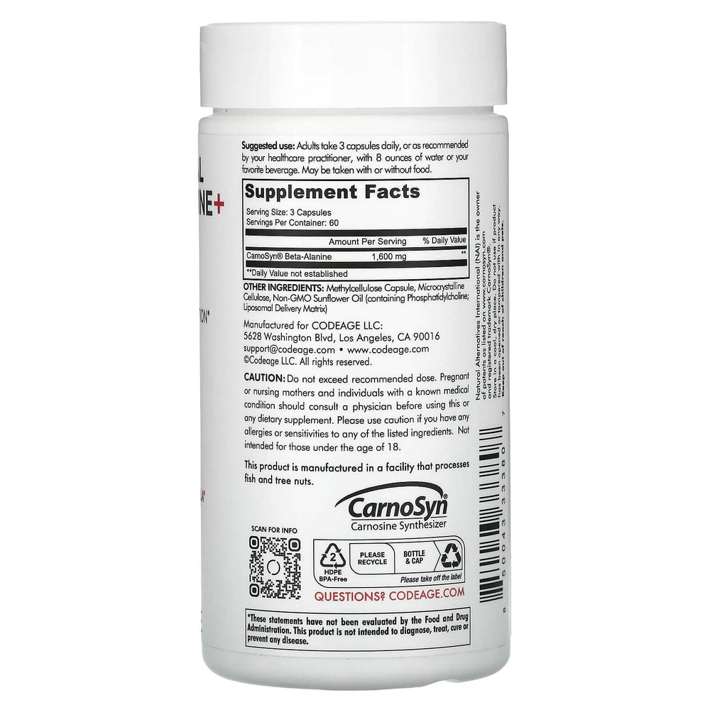 Codeage, Liposomal Beta-Alanine +, Centurion, CarnoSyn, улучшенное усвоение, 180 капсул (533 мг на капсулу)