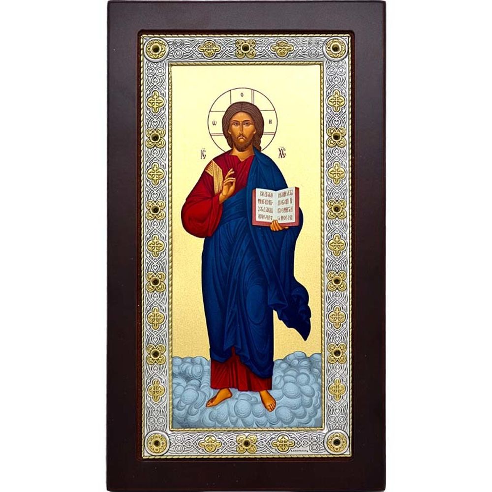 Спаситель Вседержитель с Евангелием. Ростовая икона Иисуса Христа в серебряной раме