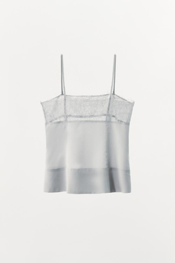 ZARA ТОП ИЗ ЖОРЖЕТА С КРУЖЕВОМ, ГОЛУБОЙ