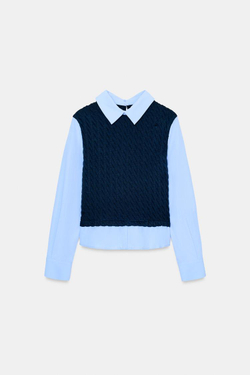 ZARA КОМБИНИРОВАННАЯ РУБАШКА ИЗ ПОПЛИНА, МОРСКОЙ СИНИЙ