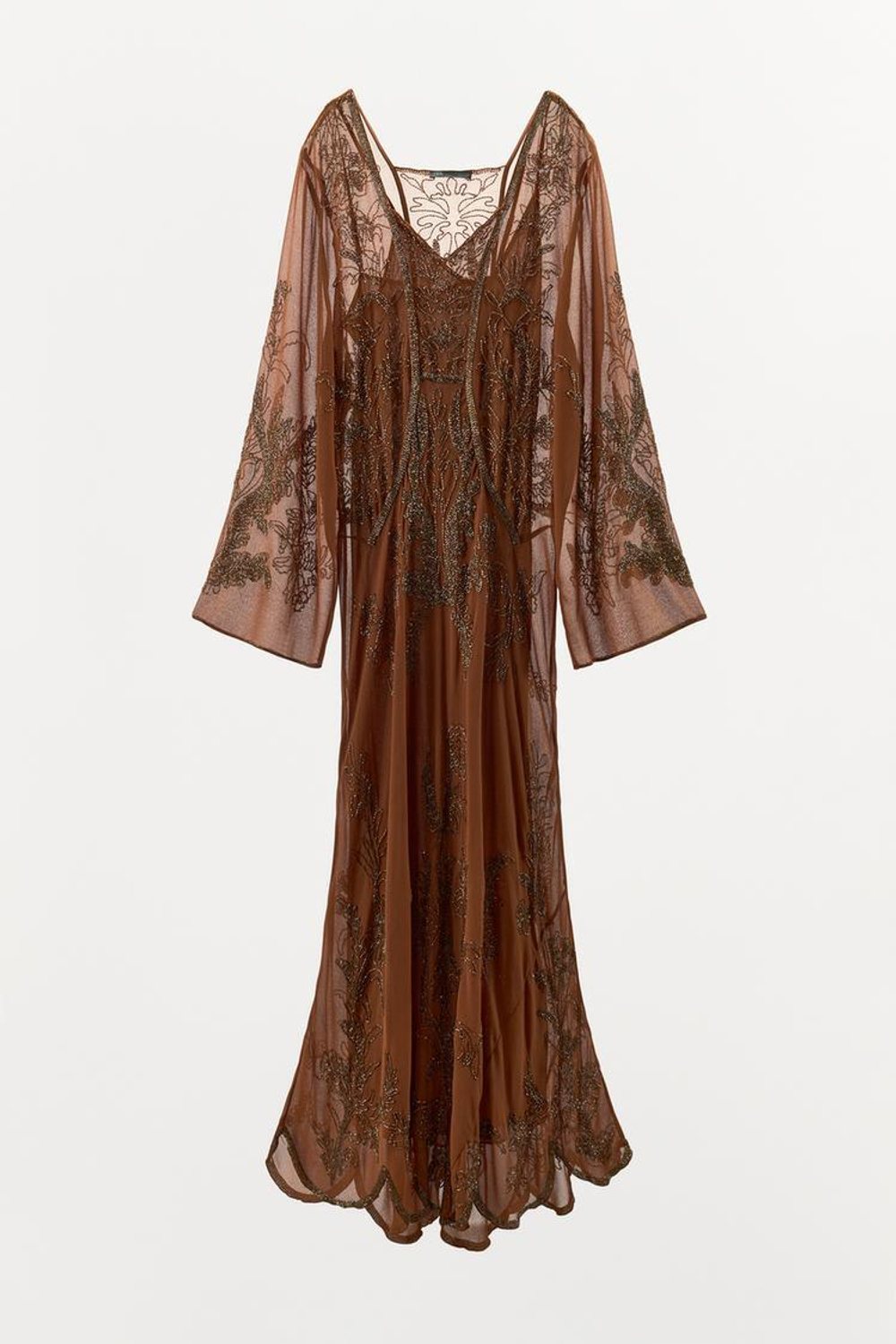 ZARA ПЛАТЬЕ ИЗ ЖОРЖЕТА С БУСИНАМИ LIMITED EDITION, КОРИЧНЕВЫЙ