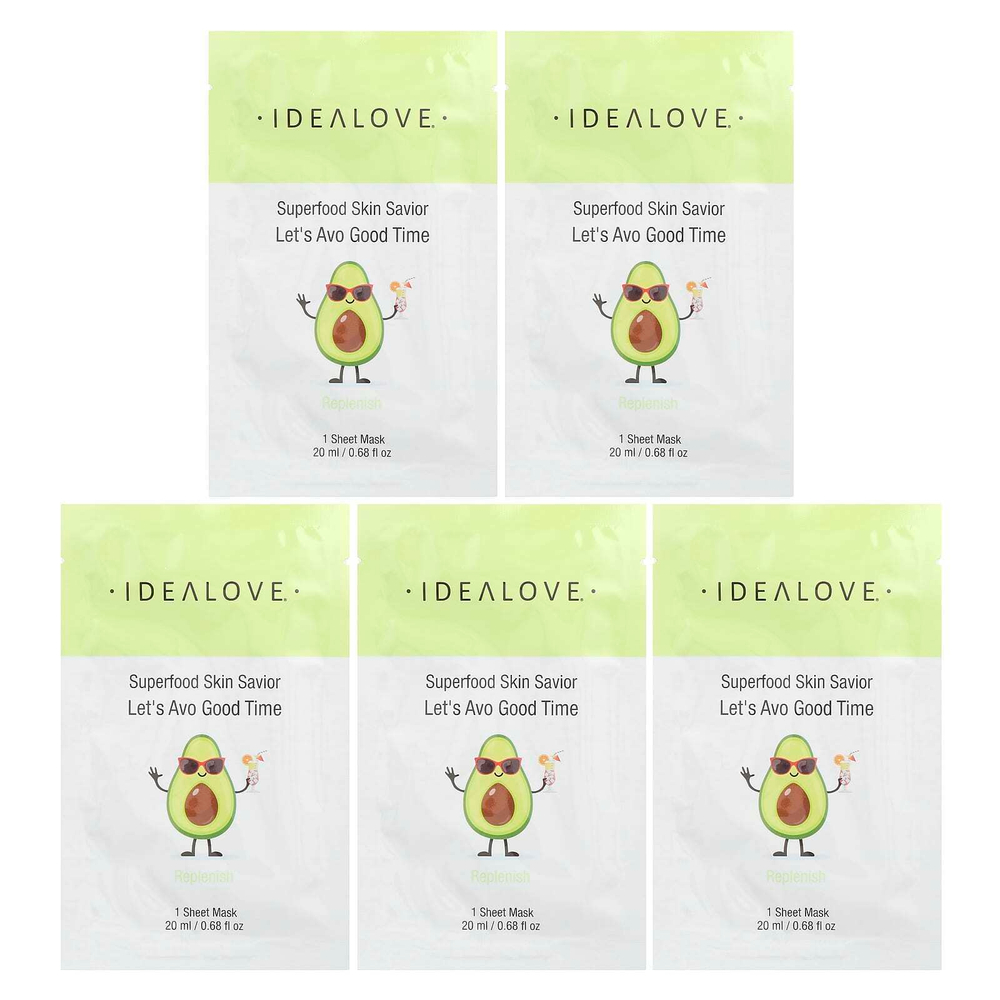 Idealove, Superfood Skin Savior, маска для лица с суперфудами, авокадо, 5 шт. по 20 мл (0,68 жидк. унции)