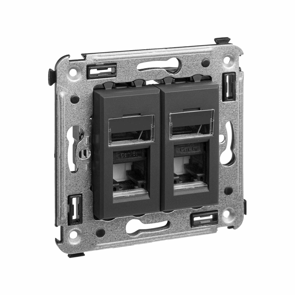 Компьютерная розетка RJ-45 в стену, кат.6А двойная, "Avanti", "Черный матовый"