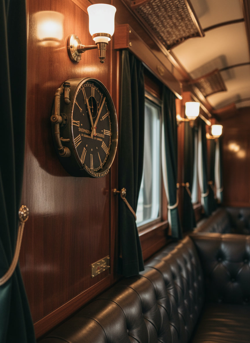 Настенные часы Oriental Express WOODandROOT в интерьере вагона поезда, тёплый свет и винтажная атмосфера