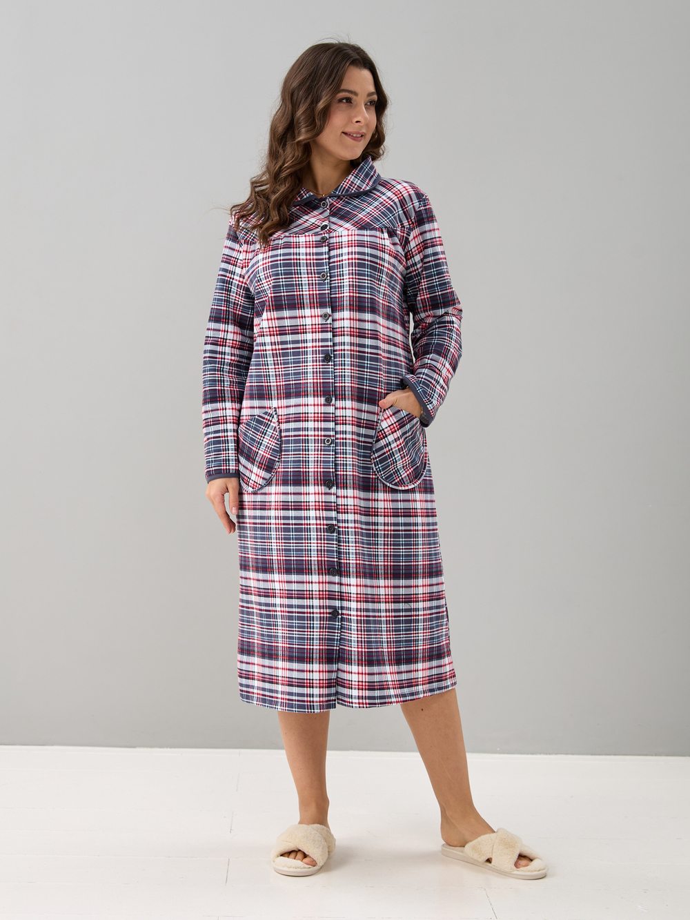 Халат Х-138/клеткасерая-краснобелая