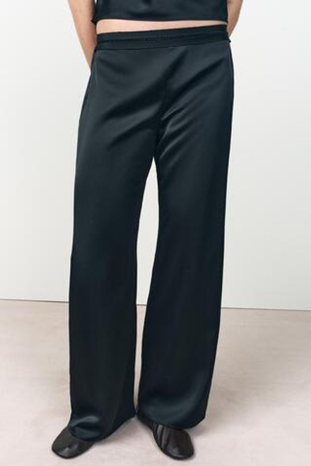 ZARA АТЛАСНЫЕ БРЮКИ С КРУЖЕВОМ, ЧЕРНЫЙ
