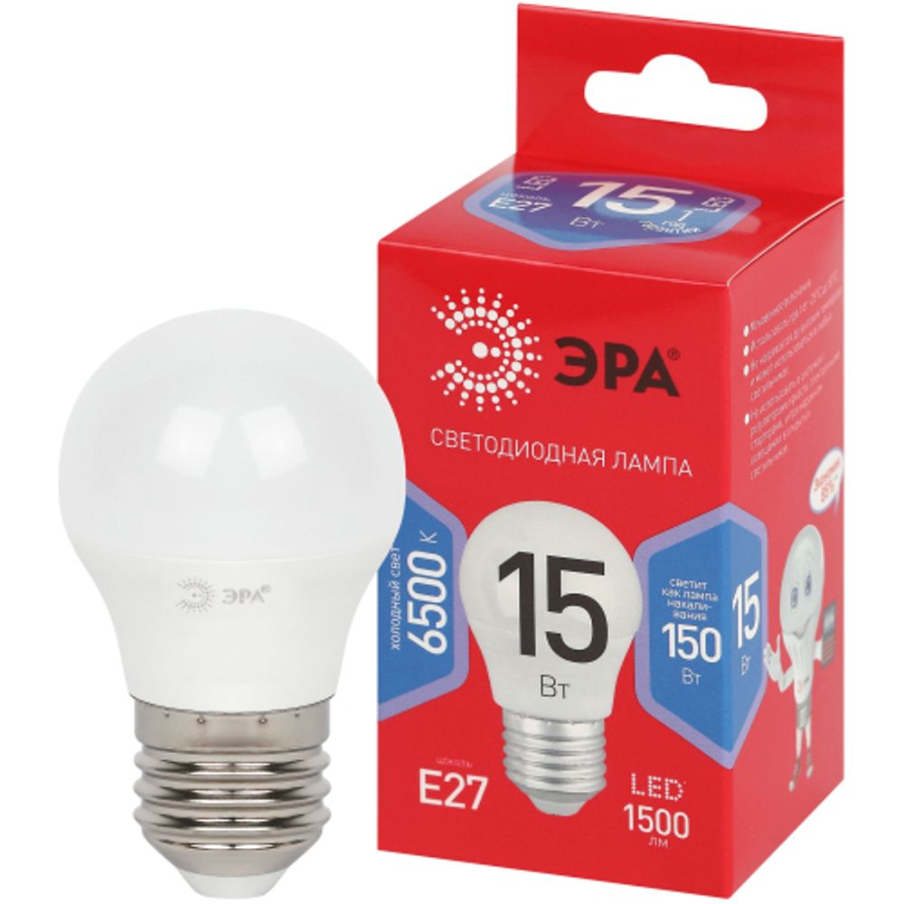 Лампа светодиодная ЭРА RED LINE LED P45-15W-865-E27 R 15Вт шар холодный дневной свет E27 | Лампы cветодиодные Шар (G/P)