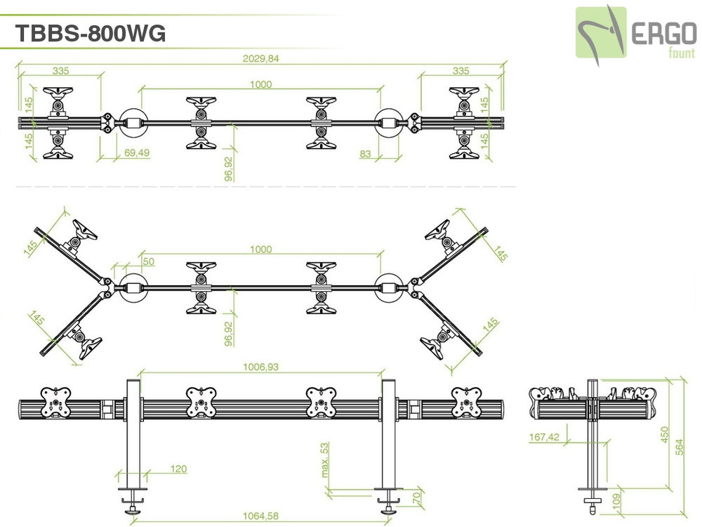 ErgoFount TBBS-800WG Настольное крепление back-to-back для 8 мониторов диагональю до 24'' конфигурации 1х4 со струбциной к столу типа "G". Цвет - серебристый