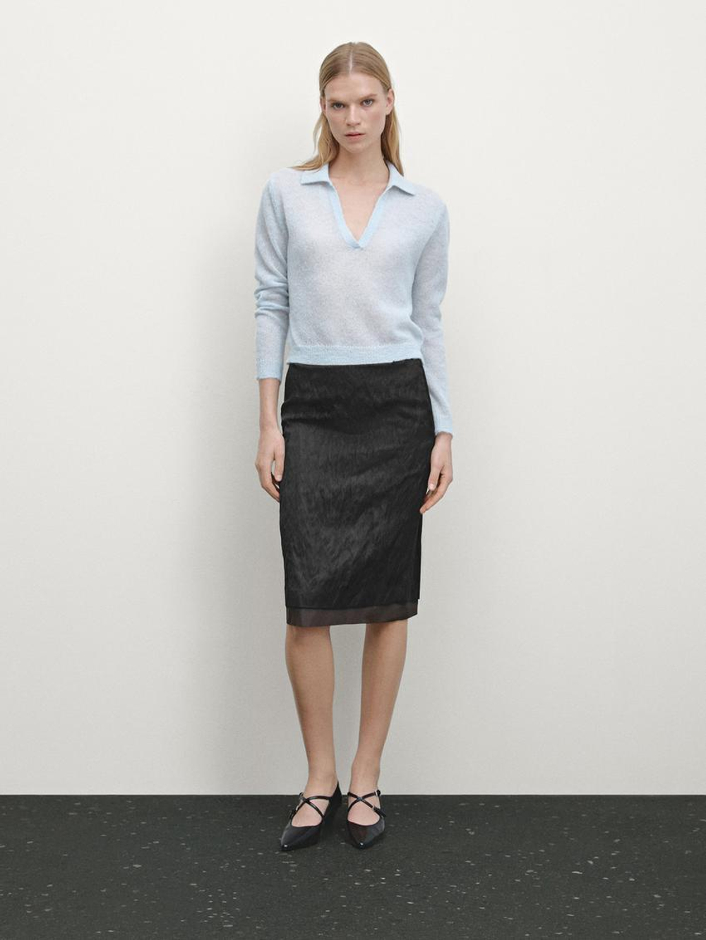 Massimo Dutti Трикотажный свитер из смесовой альпаки с воротником поло, небесно-голубой