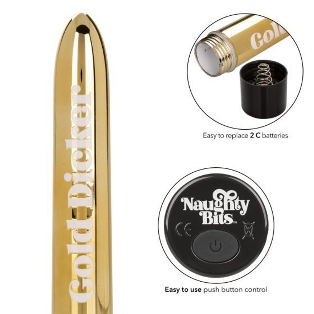 Золотистый классический вибратор Naughty Bits Gold Dicker Personal Vibrator - 19 см.