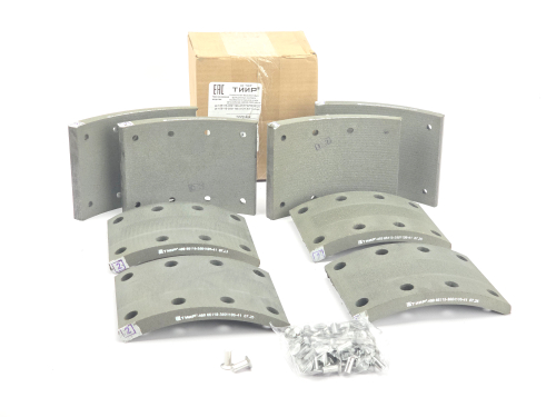 Рем. комплект тормозных накладок а/м КАМАЗ 53212,5511,5320, 65115, 53215 ЕВРО до 06.2013 г. (материал ТИИР-469, повышенный ресурс и термостойкость ОРИГИНАЛ/ Сверл./расточенные/с заклёпками/ширина 140мм./ к-т 8 шт. длинные: 65115-3501105-41 толст.+тонк./ доп. арт.: 53212-3501105, 53205-3501105-41, 5511-3501105) АО ТИИР г. Ярославль